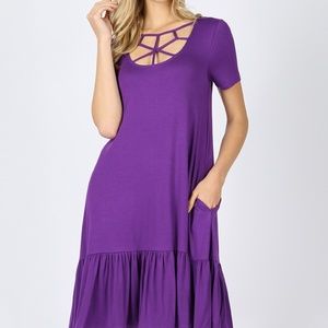 Zenana MEDIUM NEW Viscose Purple Ruffle Hem Pockets Sheath Dress